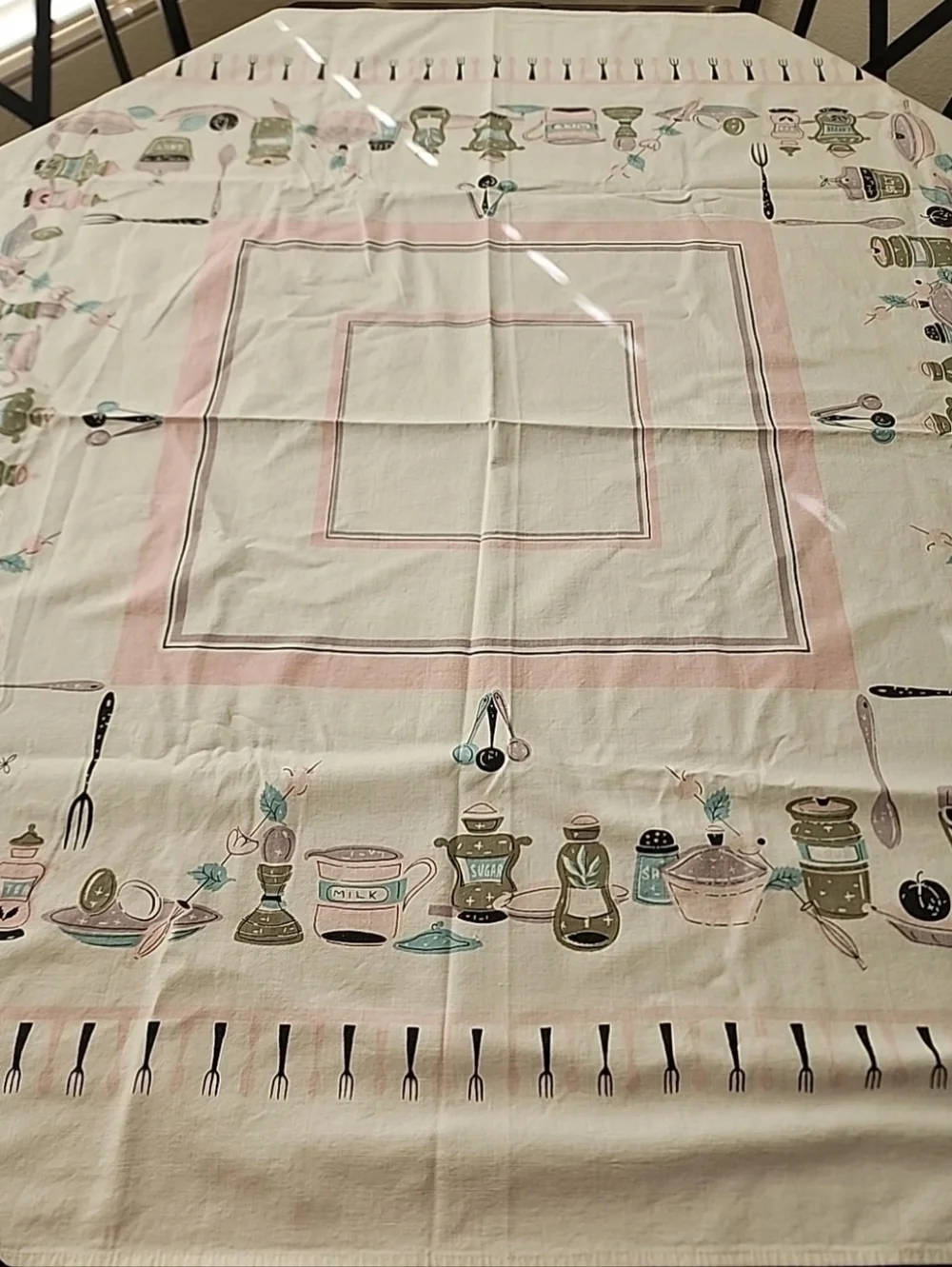 Vintage 1950s Printed Tablecloth – Pink & White Kitchen Pattern Mid Century